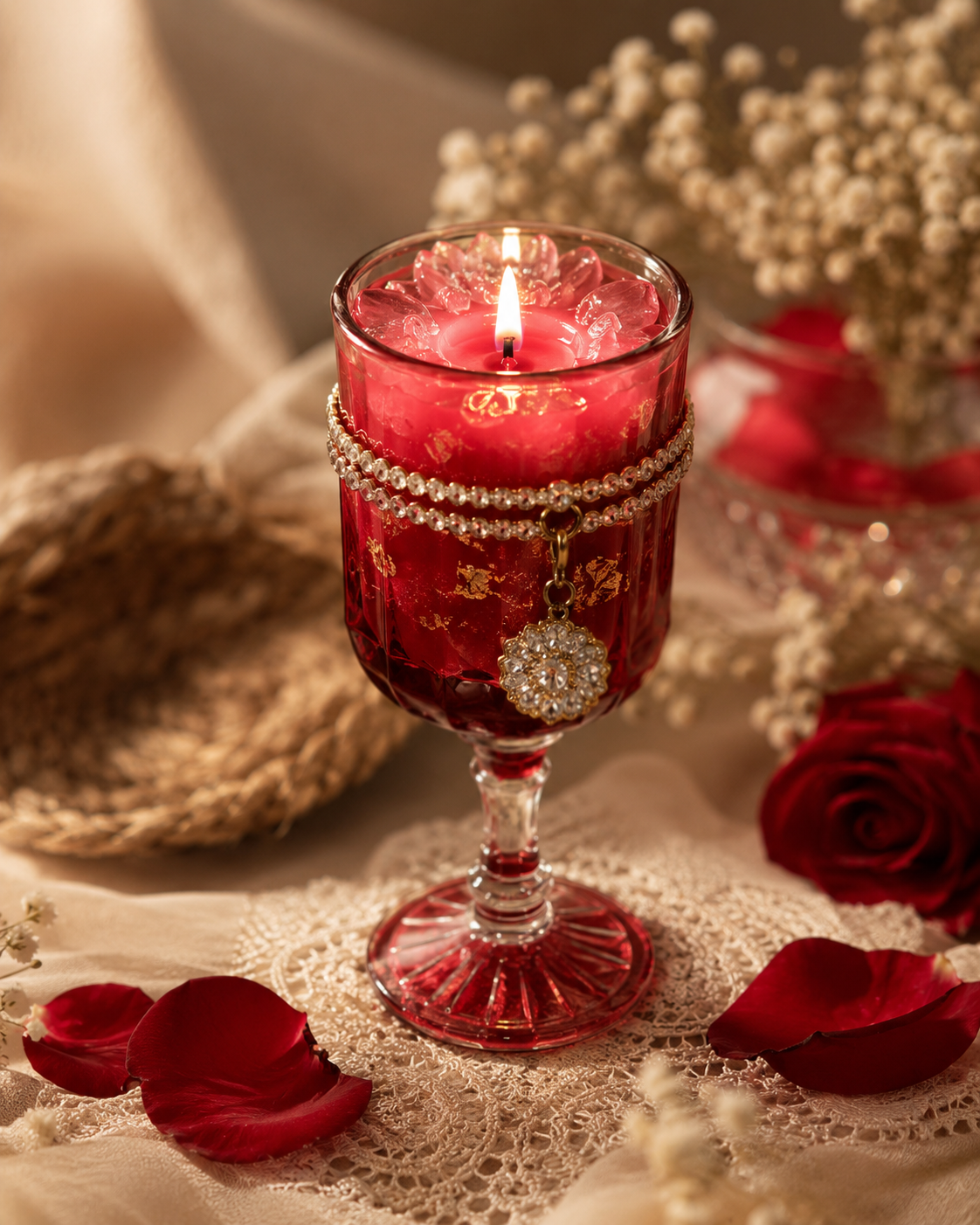 Vela decorativa artesanal em vidro vermelho com acabamento especial.